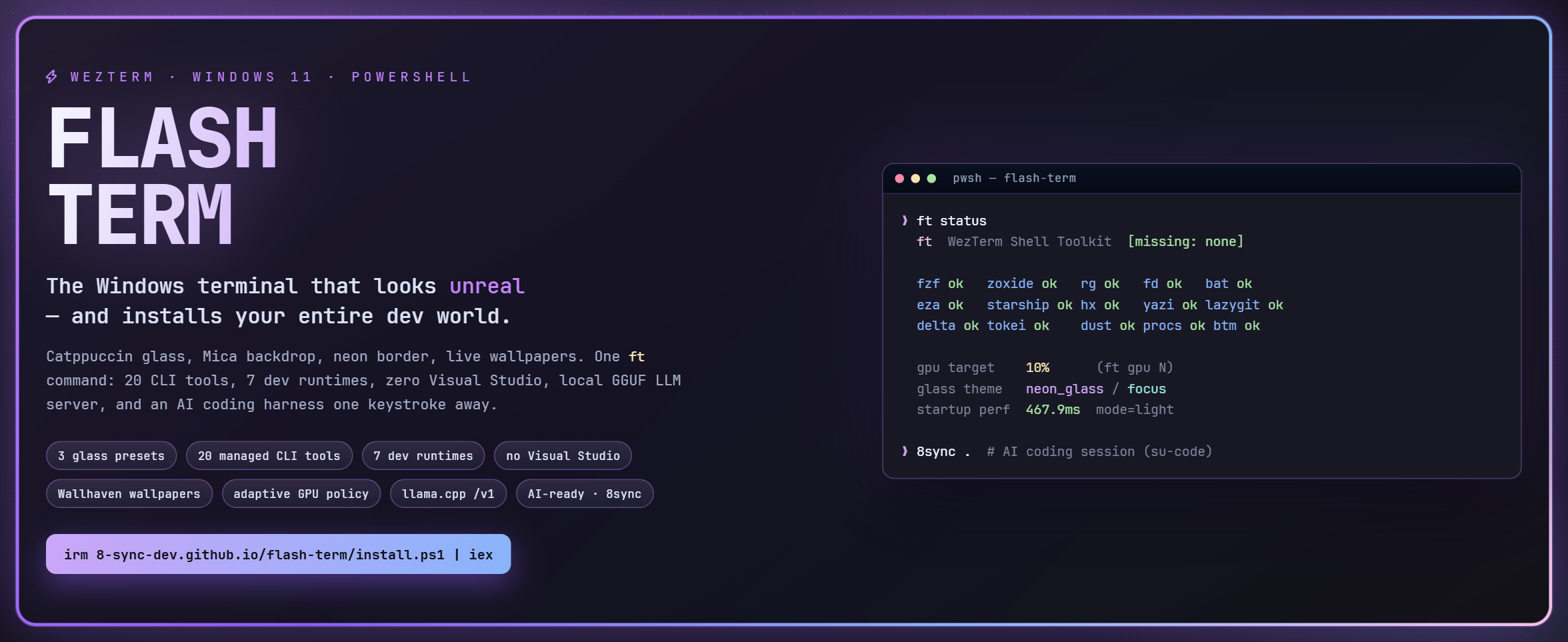flash-term banner: FLASH TERM wordmark beside a live ft status terminal