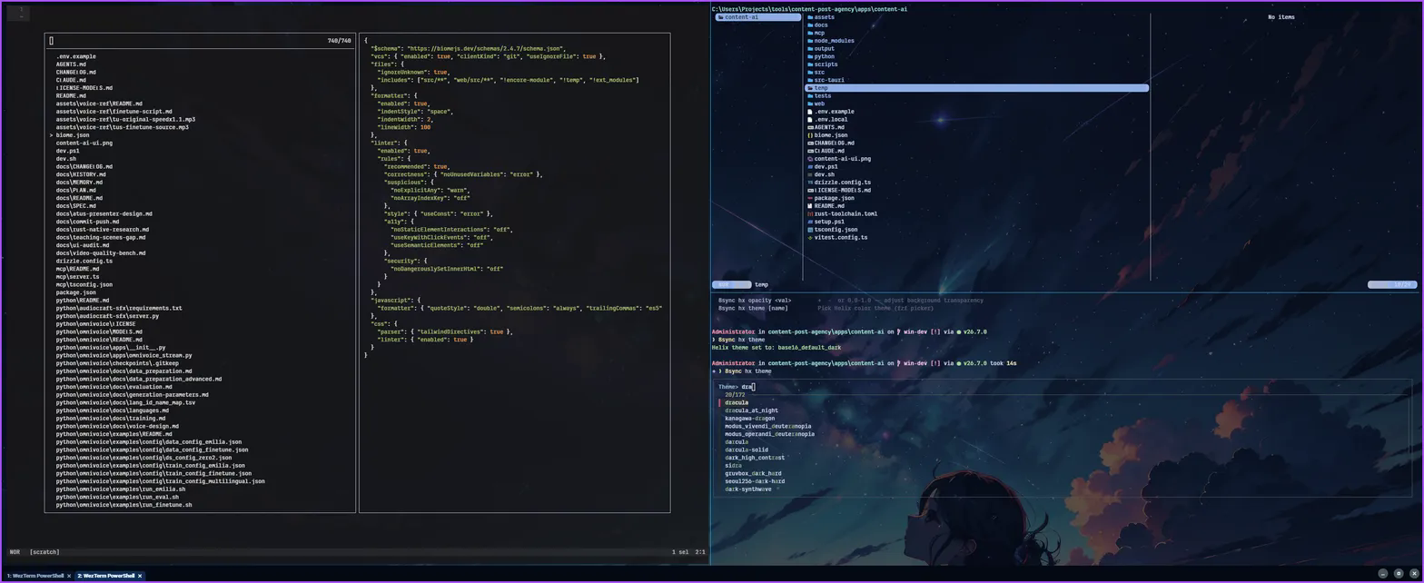 flash-term real usage screenshot: yazi file tree, Helix editor, theme picker, and anime wallpaper
